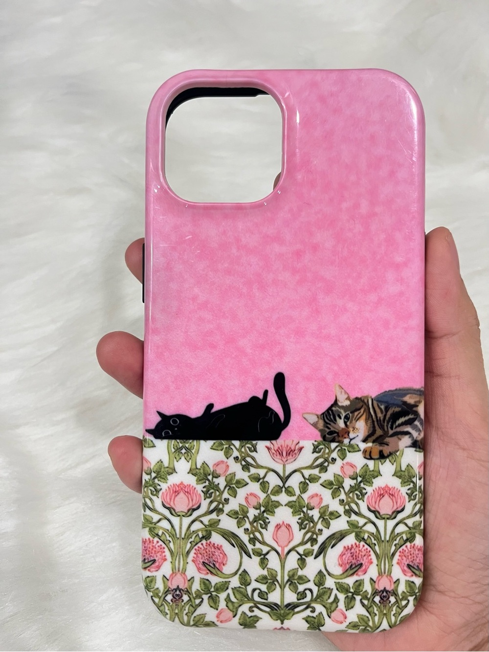Whimsical Pink Cat Pattern Phone Case with Floral Accent